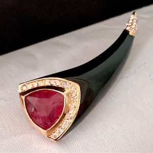 Christian Dior vintage black enamel faux tourmaline 18kt gold-plated brooch 3”